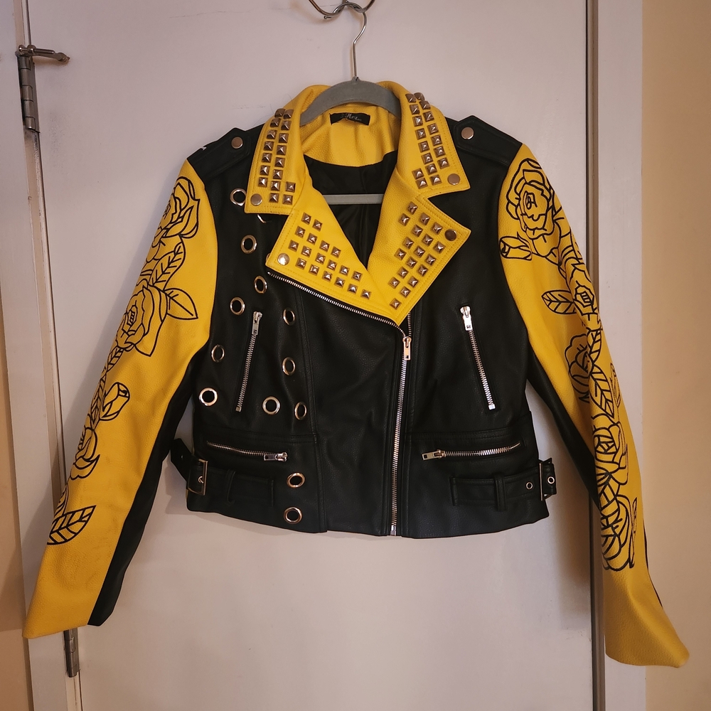 Yellow & Black Studded Floral Sleeve Moto Faux Leather Jacket